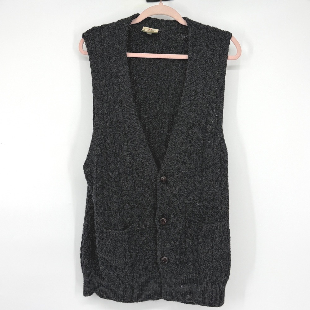 Carraig Donn Mens Large Charcoal Gray 100% Pure New Wool Aran Knit Vest Ireland